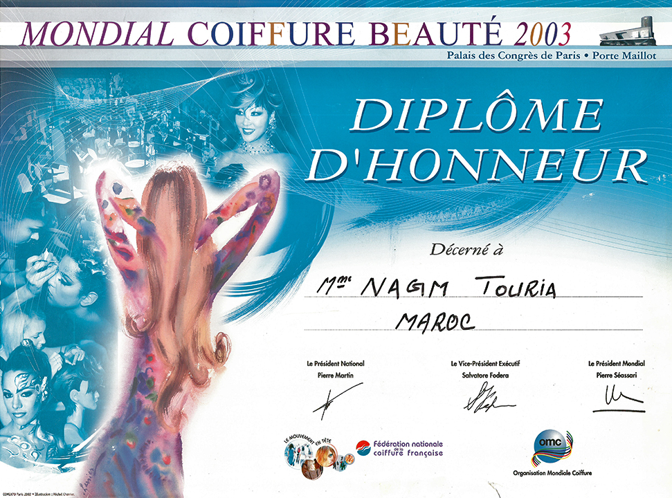 Diplôme d'Honneur délivré par Mondial Coiffure Beauté - Paris 2003